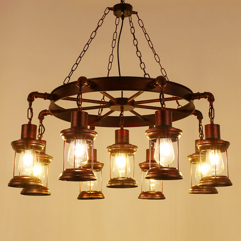 Wagon Wheel Chandelier with Clear Glass Shade in Bronze - Industrial Pendant Lighting