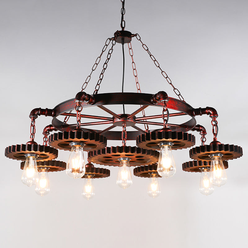 Wagon Wheel Chandelier with Clear Glass Shade in Bronze - Industrial Pendant Lighting