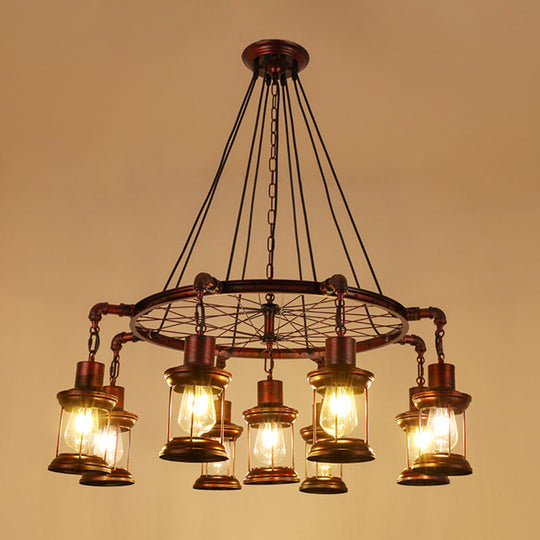 Wagon Wheel Chandelier with Clear Glass Shade in Bronze - Industrial Pendant Lighting