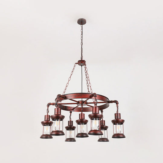 Wagon Wheel Chandelier with Clear Glass Shade in Bronze - Industrial Pendant Lighting