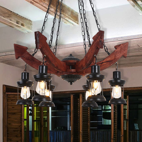 Nautical Restaurant Chandelier with Lantern Iron Ceiling Fixture in Wood