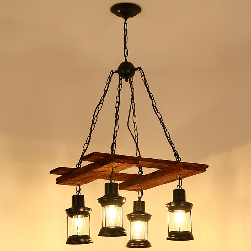 Nautical Restaurant Chandelier with Lantern Iron Ceiling Fixture in Wood