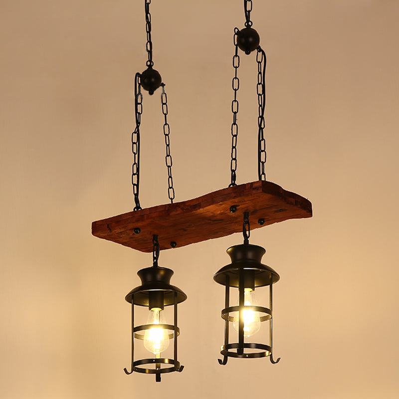 Nautical Restaurant Chandelier with Lantern Iron Ceiling Fixture in Wood