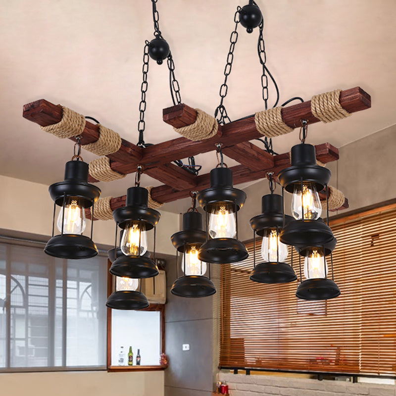 Nautical Restaurant Chandelier with Lantern Iron Ceiling Fixture in Wood