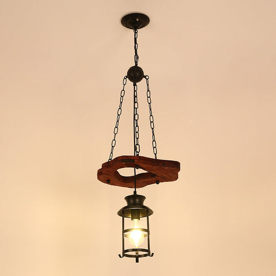 Nautical Restaurant Chandelier with Lantern Iron Ceiling Fixture in Wood