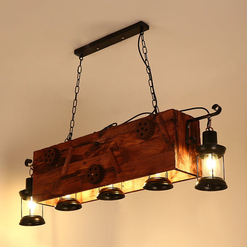 Nautical Restaurant Chandelier with Lantern Iron Ceiling Fixture in Wood