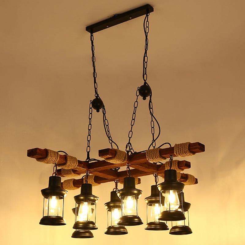 Nautical Restaurant Chandelier with Lantern Iron Ceiling Fixture in Wood