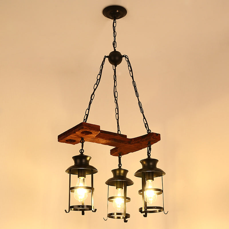 Nautical Restaurant Chandelier with Lantern Iron Ceiling Fixture in Wood