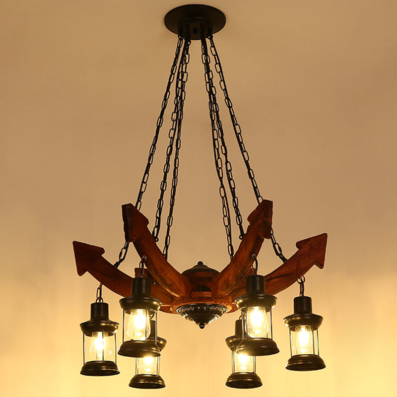 Nautical Restaurant Chandelier with Lantern Iron Ceiling Fixture in Wood