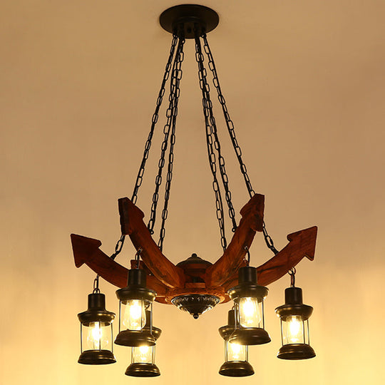 Nautical Lantern Iron Ceiling Light Fixture - Restaurant Chandelier In Wood 6 /