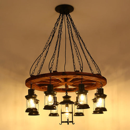 Nautical Restaurant Chandelier with Lantern Iron Ceiling Fixture in Wood