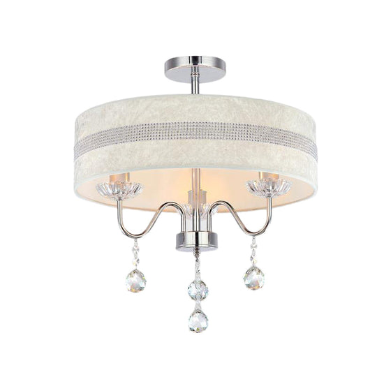 Lustre en tissu tambour nordique moderne avec goutte de cristal pour chambre à coucher - Finition chromée