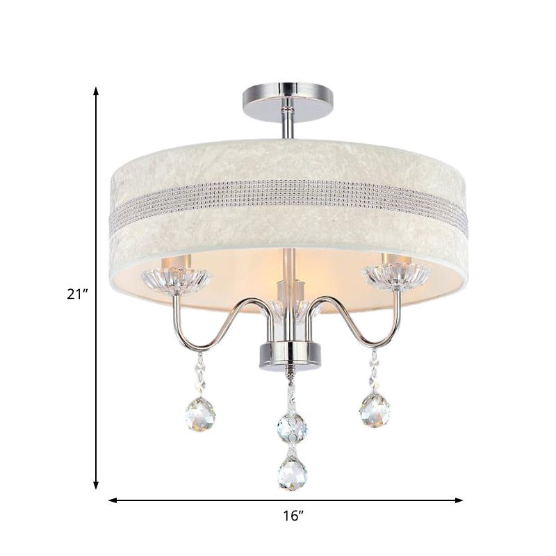 Lustre en tissu tambour nordique moderne avec goutte de cristal pour chambre à coucher - Finition chromée