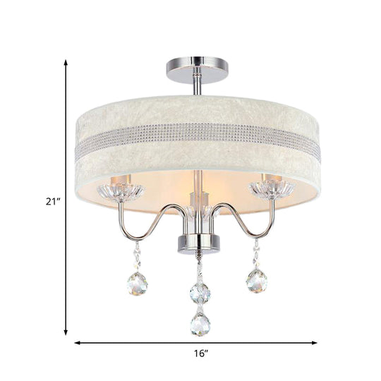 Lustre en tissu tambour nordique moderne avec goutte de cristal pour chambre à coucher - Finition chromée