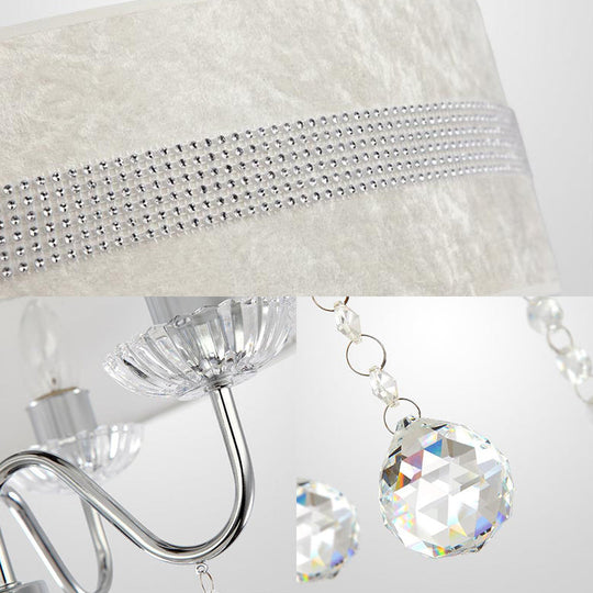 Nordic Drum Fabric Chandelier Light With Crystal Drop - Chrome Finish For Bedroom (3/4 Lights)