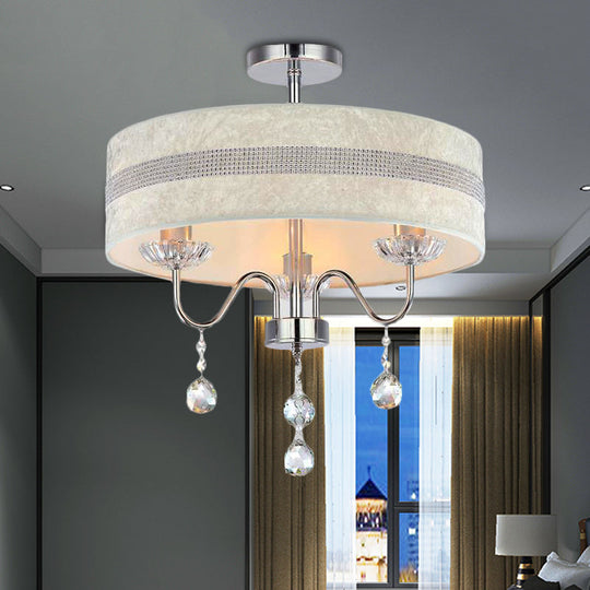 Lustre en tissu tambour nordique moderne avec goutte de cristal pour chambre à coucher - Finition chromée