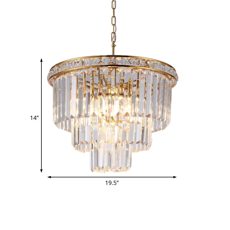 Lustre moderne en laiton à 6 lumières en cristal optique à facettes - Plafonnier à quatre niveaux, 19,5"/23,5" de large