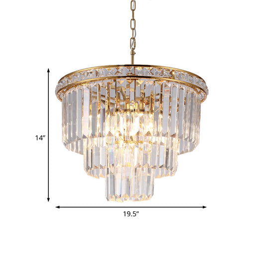 Lustre moderne en laiton à 6 lumières en cristal optique à facettes - Plafonnier à quatre niveaux, 19,5"/23,5" de large