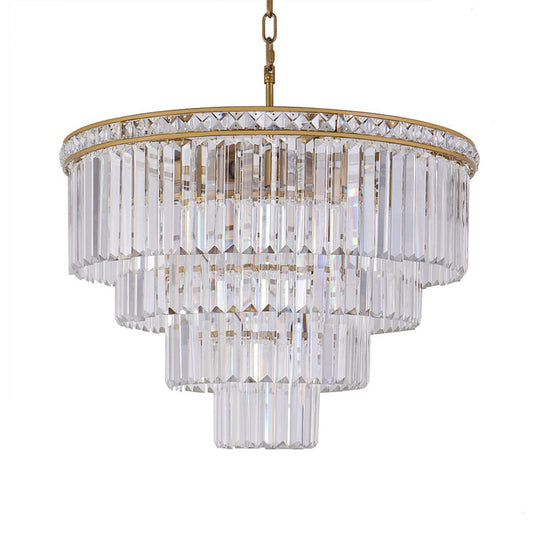 Lustre moderne en laiton à 6 lumières en cristal optique à facettes - Plafonnier à quatre niveaux, 19,5"/23,5" de large