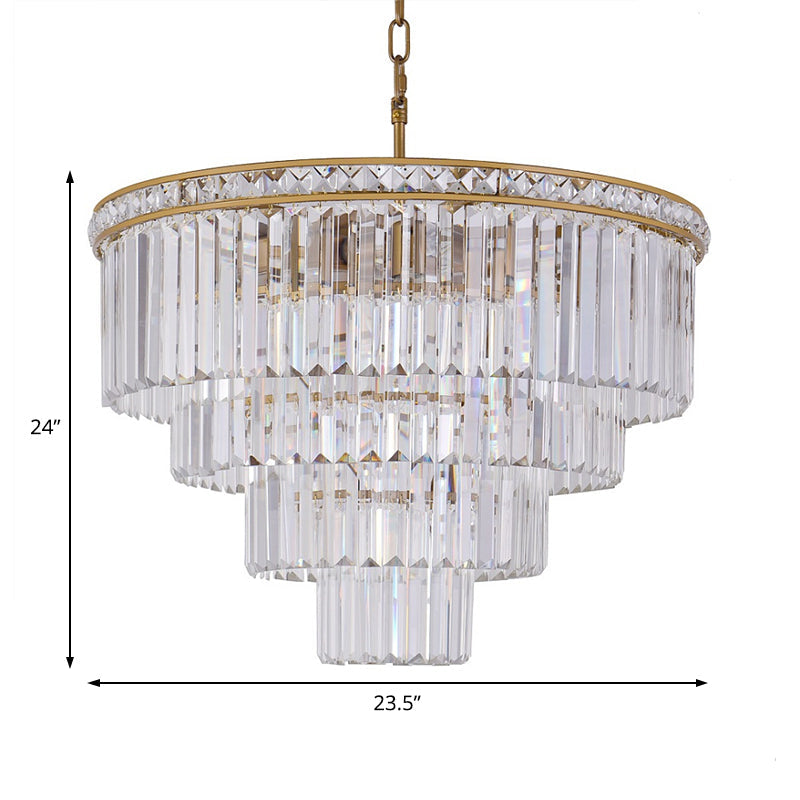 Lustre moderne en laiton à 6 lumières en cristal optique à facettes - Plafonnier à quatre niveaux, 19,5"/23,5" de large