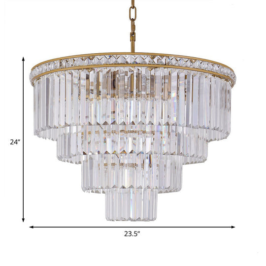 Lustre moderne en laiton à 6 lumières en cristal optique à facettes - Plafonnier à quatre niveaux, 19,5"/23,5" de large