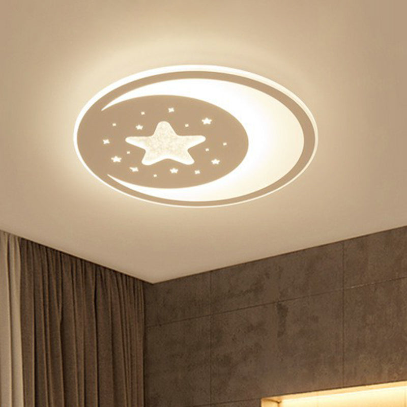 Metallic Led Flush Mount Ceiling Light For Kids Bedroom Modern White Crescent And Star Design