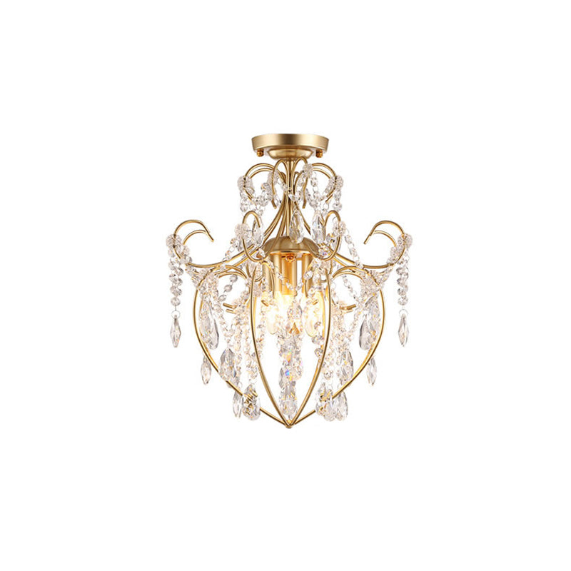 Postmodern Crystal Strand Brass Ceiling Fixture - Curve Arm Semi Flush Mount with 3 Lights