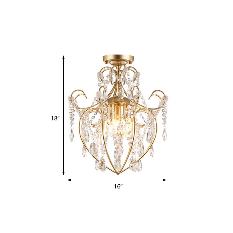 Postmodern Crystal Strand Brass Ceiling Fixture - Curve Arm Semi Flush Mount with 3 Lights