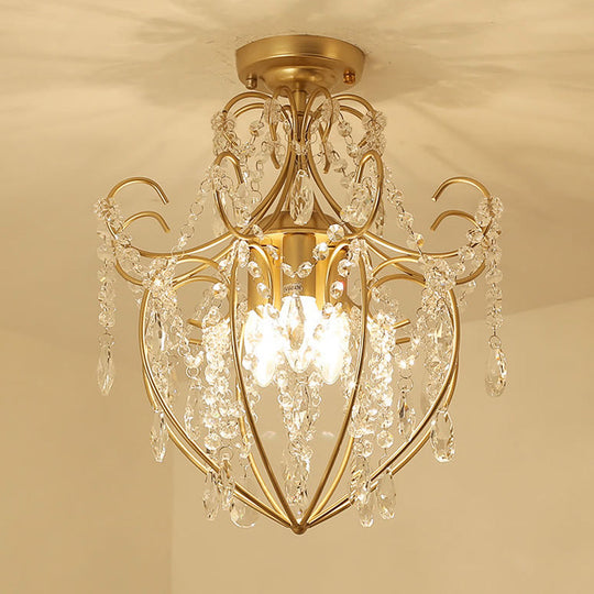 Postmodern Crystal Strand Brass Ceiling Fixture - Curve Arm Semi Flush Mount with 3 Lights