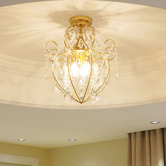 Postmodern Crystal Strand Brass Ceiling Fixture - Curve Arm Semi Flush Mount with 3 Lights