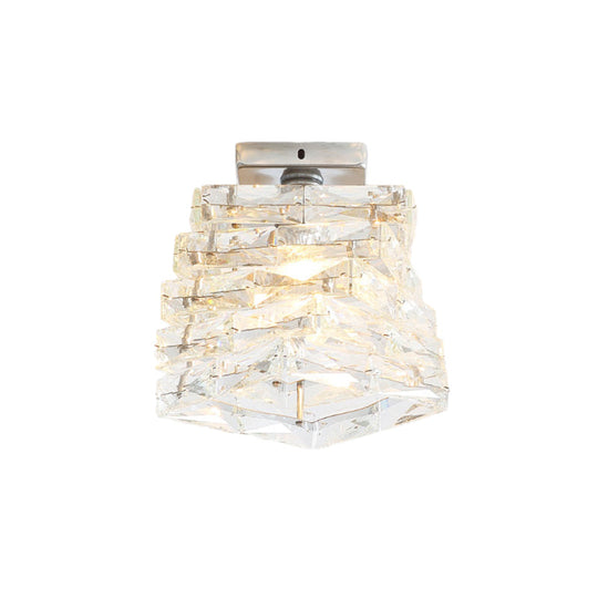 Contemporary Chrome Step Shape Semi Flush Crystal Ceiling Light - 1 Light Fixture