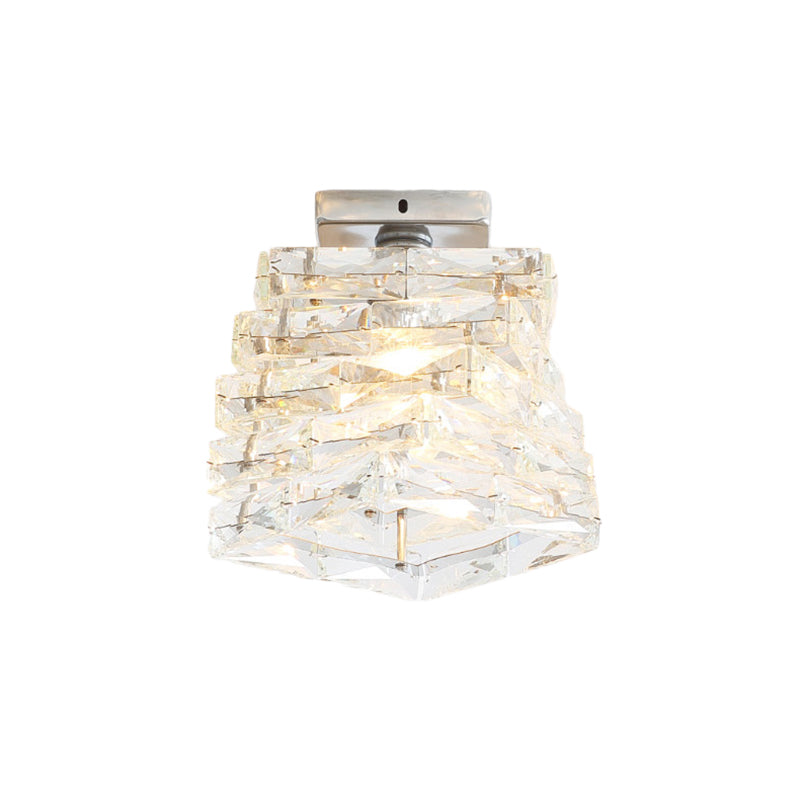 Contemporary Chrome Step Shape Semi Flush Crystal Ceiling Light - 1 Fixture