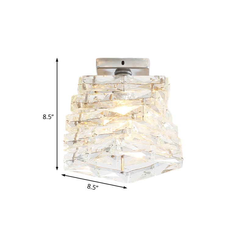 Contemporary Chrome Step Shape Semi Flush Crystal Ceiling Light - 1 Light Fixture