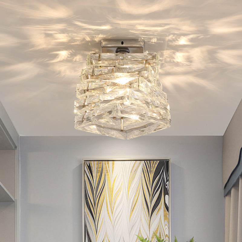 Contemporary Chrome Step Shape Semi Flush Crystal Ceiling Light - 1 Light Fixture