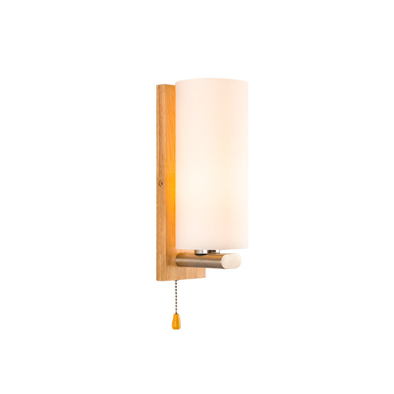 White Glass Wall Sconce - Cylindrical Bedside Light With Pull Chain