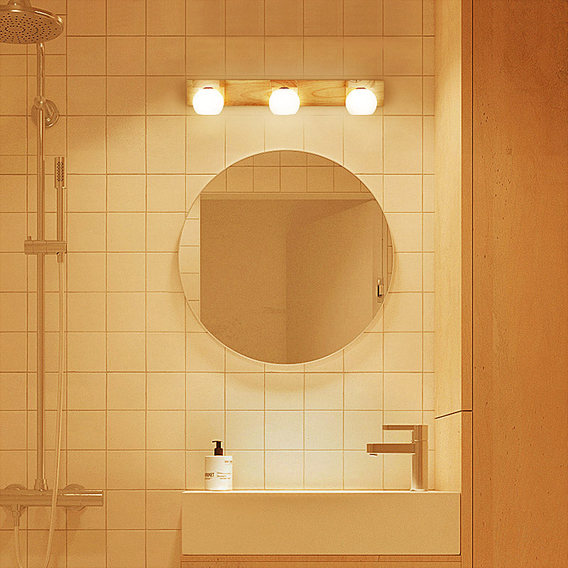 White Glass Led Vanity Light With Wooden Backplate - Simplicity Globe Wall Sconce For Bathroom