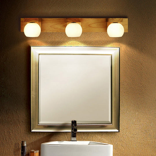 White Glass Led Vanity Light With Wooden Backplate - Simplicity Globe Wall Sconce For Bathroom