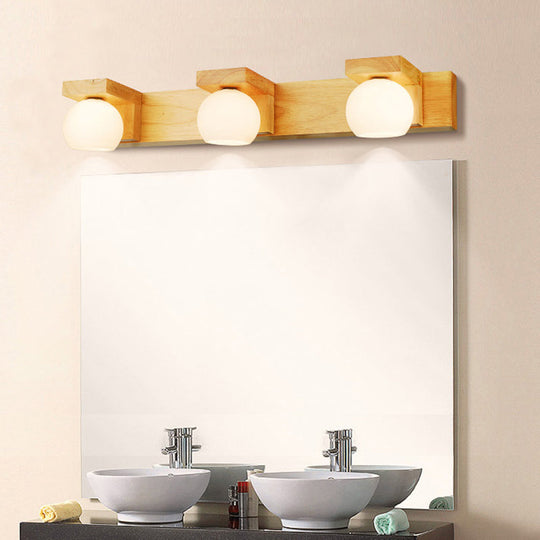 White Glass Led Vanity Light With Wooden Backplate - Simplicity Globe Wall Sconce For Bathroom