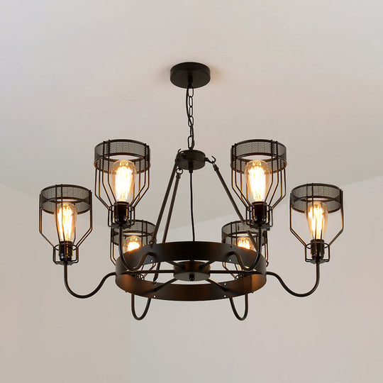 Retro Style 6/8-Light Chandelier with Wire Guard, Black Down/up Ceiling Light and Bell Shade