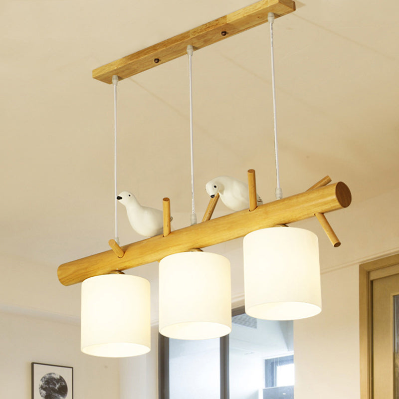 Modern Branch Island Pendant Light With Led Wood Dining Room Ceiling And Cream Glass Shade