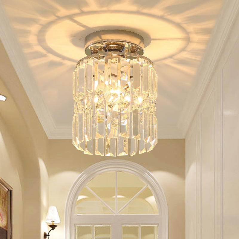 Modern Crystal Cylinder Flush Mount Ceiling Light for Hallway - Chrome Finish