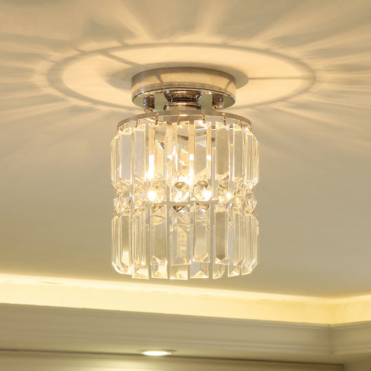 Modern Crystal Cylinder Flush Mount Ceiling Light for Hallway - Chrome Finish