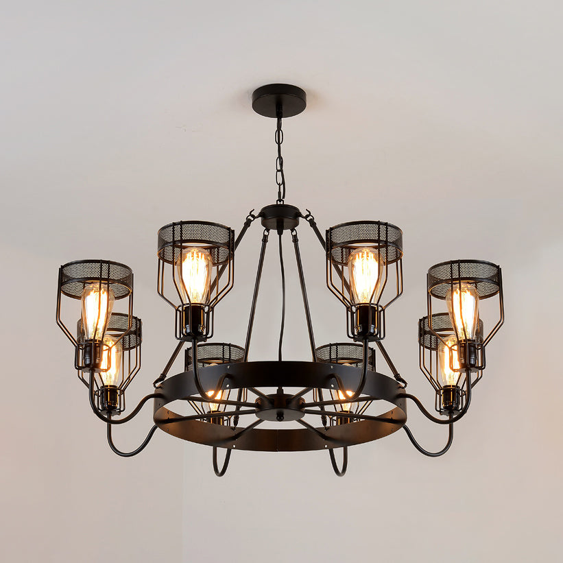 Retro Style 6/8-Light Chandelier with Wire Guard, Black Down/up Ceiling Light and Bell Shade