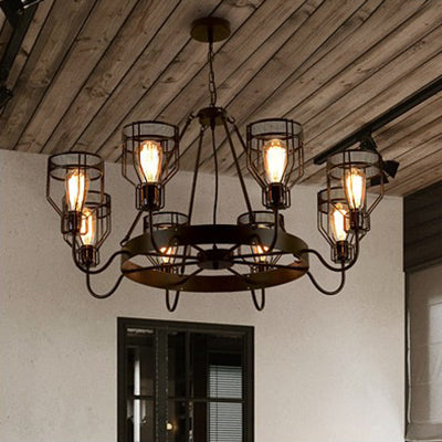 Retro Style 6/8-Light Chandelier with Wire Guard, Black Down/up Ceiling Light and Bell Shade