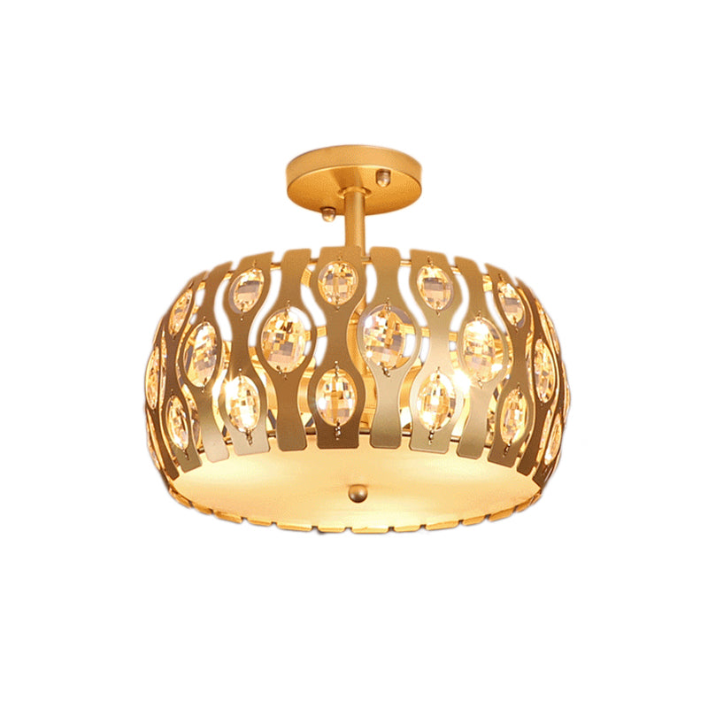 Modern Metal and Crystal Drum Semi Flush Mount with 3 Lights in Gold Finish