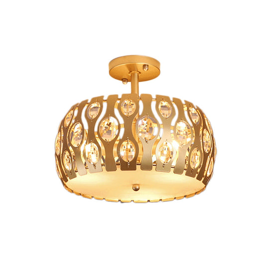 Modern Metal And Crystal Drum Semi Flush Mount With 3 Lights In Gold Finish