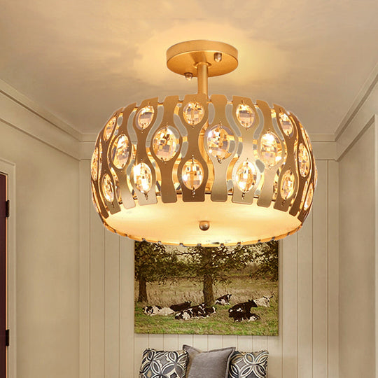 Modern Metal and Crystal Drum Semi Flush Mount with 3 Lights in Gold Finish