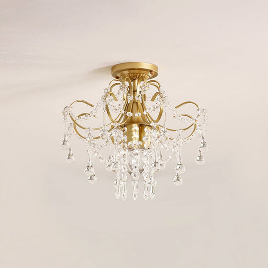 Modern Brass Semi Flush Mount Ceiling Light with Crystal Accent - Curve Arm Design, 1/3 Lights