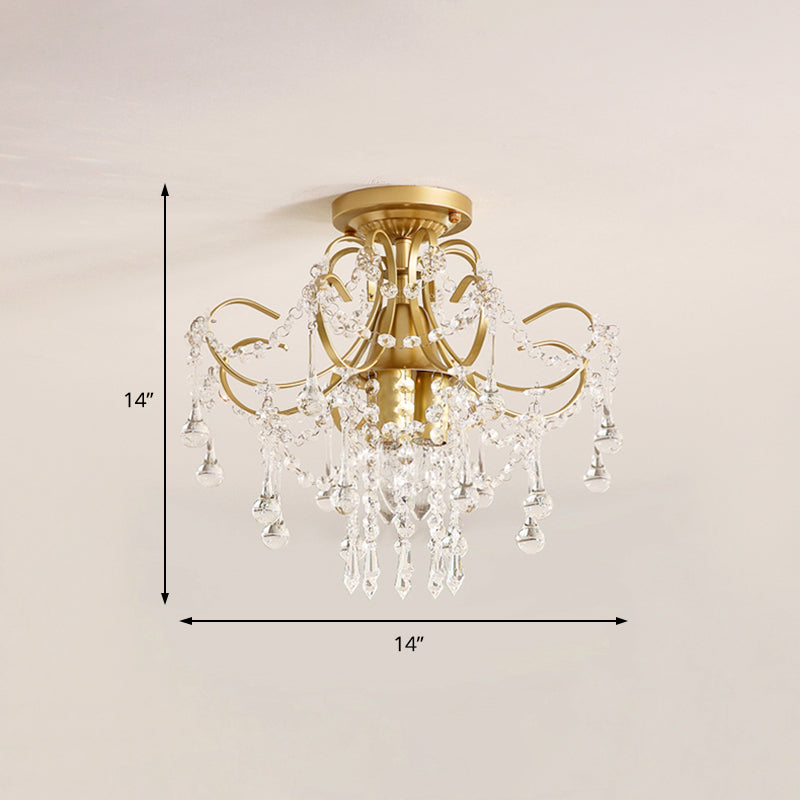 Modern Brass Semi Flush Mount Ceiling Light with Crystal Accent - Curve Arm Design, 1/3 Lights