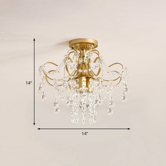 Modern Brass Semi Flush Mount Ceiling Light With Crystal Accent - Curve Arm Design 1/3 Lights